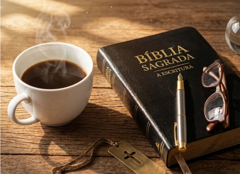 imagem contendo um Bíblia, uma xícara de café um óculos e caneta tudo sobre uma mesa marron