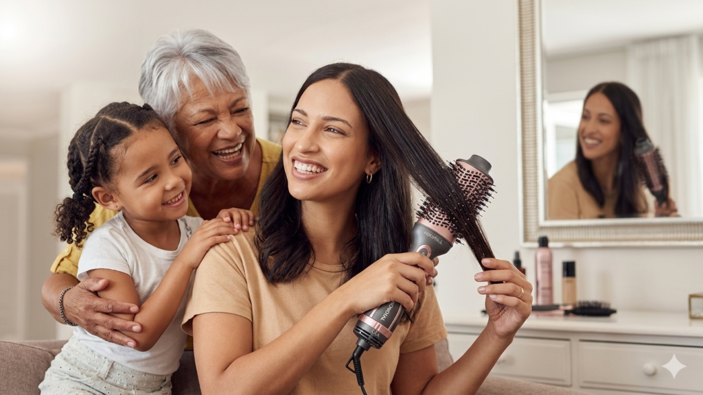 Uma mãe segurando uma secadora de cabelo 